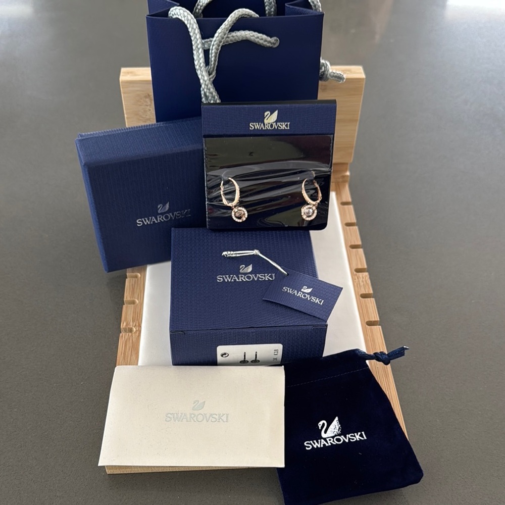 Swarovski NWT Iconic Swan Rose Gold Sparkling Earrings with Box, Dust,Bags.